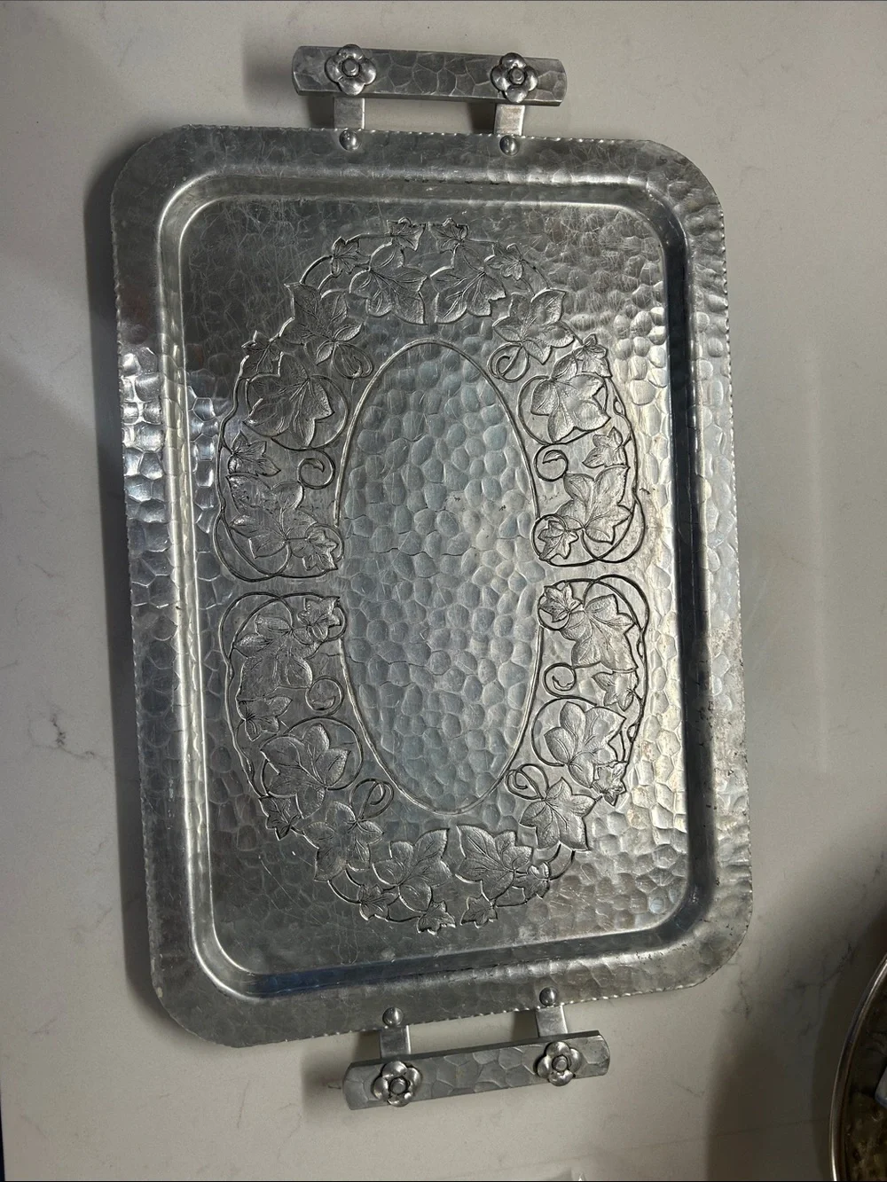 Decorative Hammered Metal Serving Tray - Silver